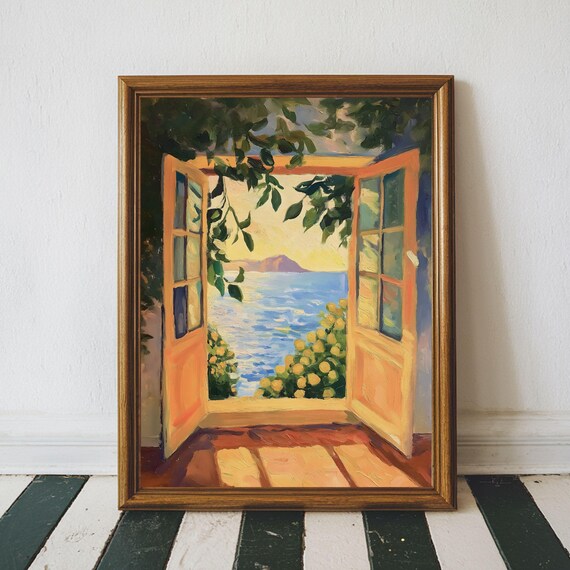 Open Window Sunset Seascape with Lemon Trees Fauvist Coastal Art Poster