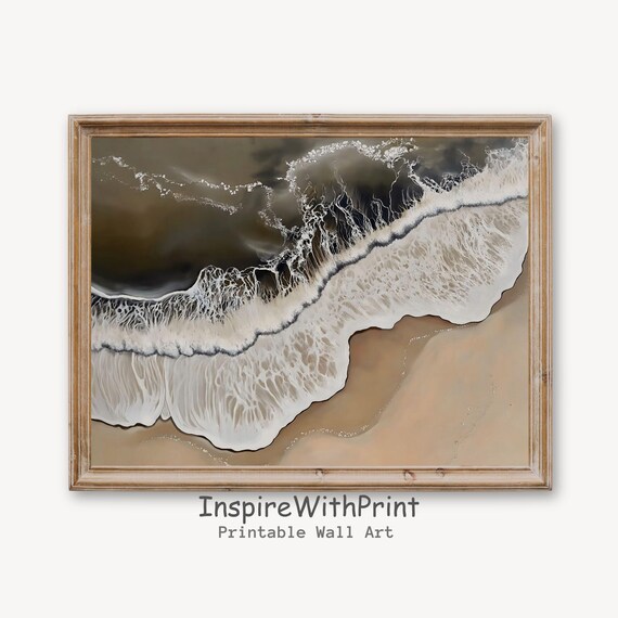 Dramatic Aerial Ocean Wave Over Dark Sand Moody Coastal Abstract Poster