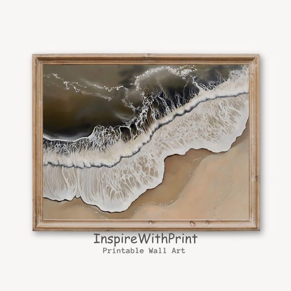 Rustic Coastal Landscape Wall Art Boho Beach Print Moody Ocean Wave Neutral Seascape Decor Waves Painting