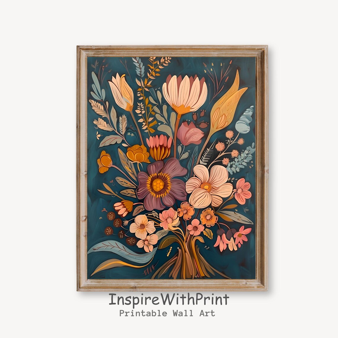 Terracotta and Blush Wildflower Bouquet Dark Botanical Art Poster