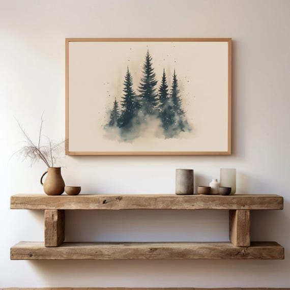 Rustic Winter Pine Tree Forest Print Trees Watercolor Painting Neutral Wall Art Sage Green Decor