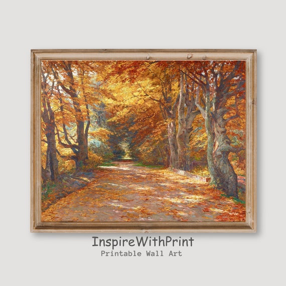 Moody Autumn Scenery Wall Art Vintage Fall Road Painting Landscape Farmhouse Print Decor Wood Lane