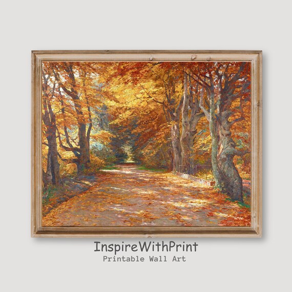 Vintage Autumn Woodland Road Golden Leaves Farmhouse Landscape Print