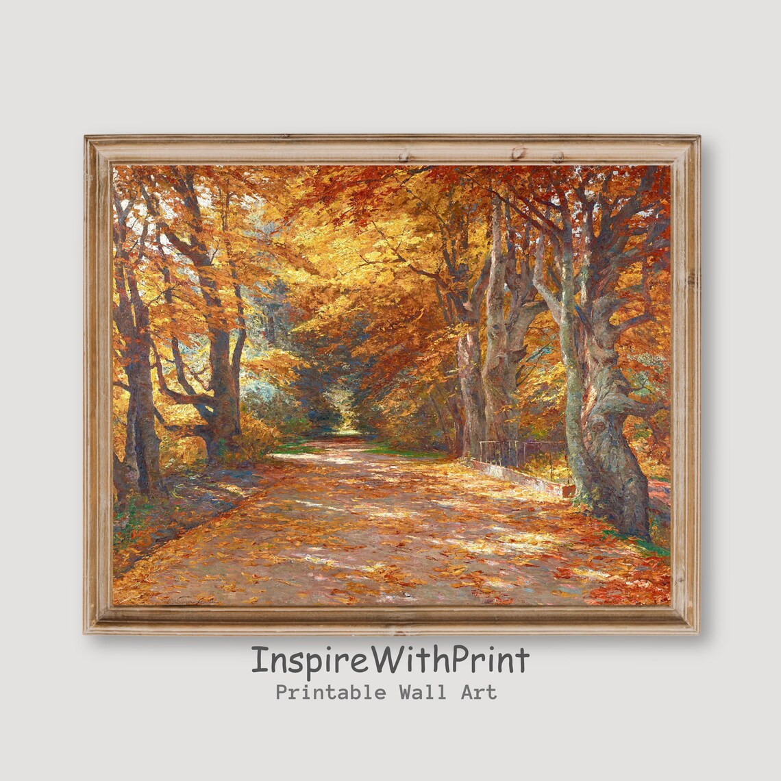 Vintage Autumn Woodland Road Golden Leaves Farmhouse Landscape Print