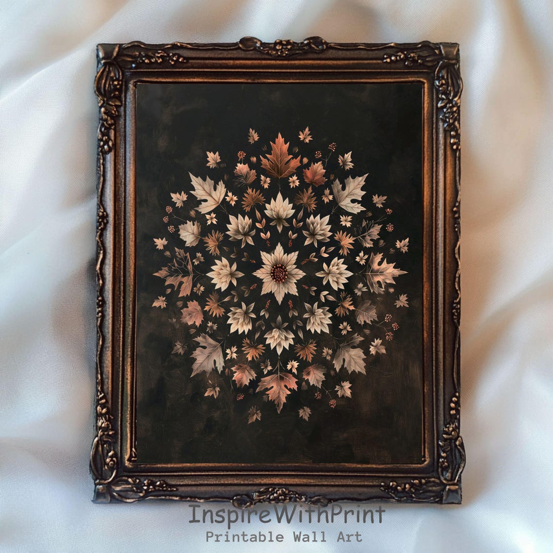 Dark Moody Autumn Leaves Mandala Ornate Antique Botanical Wall Art