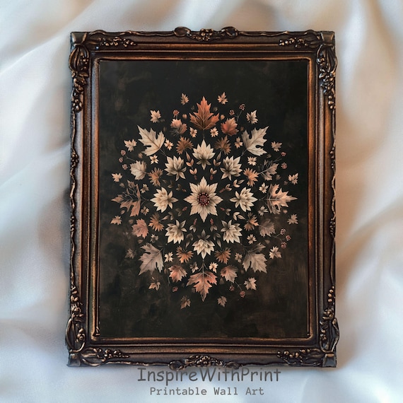 Dark Moody Autumn Leaves Mandala Ornate Antique Botanical Wall Art