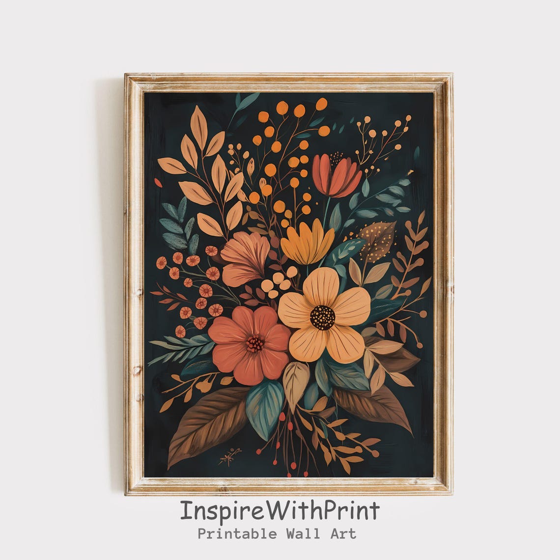 Warm Terracotta Autumn Wildflower Bouquet on Black Art Poster