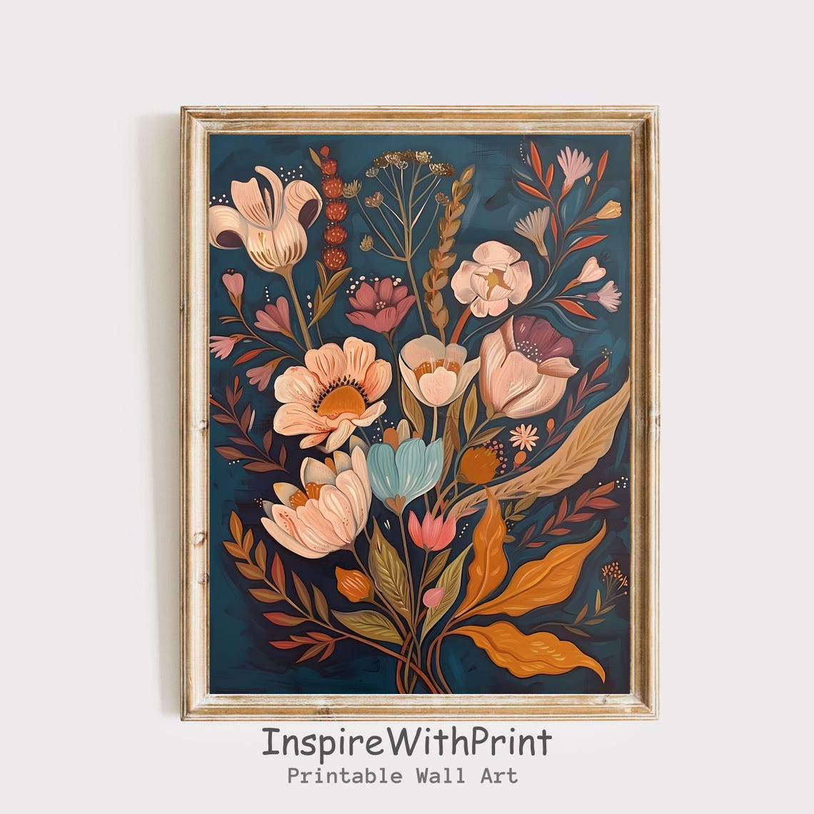 Boho Wildflower Bouquet On Dark Teal Moody Botanical Wall Art