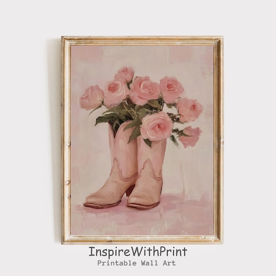 Coastal Cowgirl Boots Wall Art Floral Western Nursery Print Boot With Rose Flower Preppy Pink Coquette Dorm Room