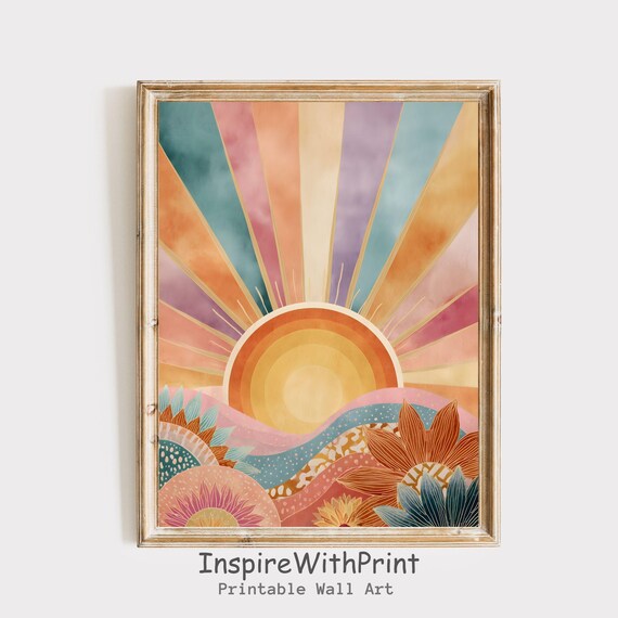 Boho Sun Print Colorful Wall Art Abstract Sunrise Midcentury Modern Playroom Poster Nursery