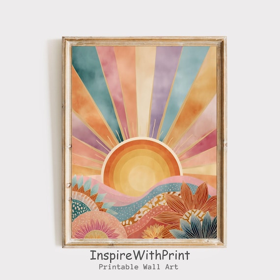 Boho Sunrise Over Ocean Waves Colorful Floral Sunburst Poster