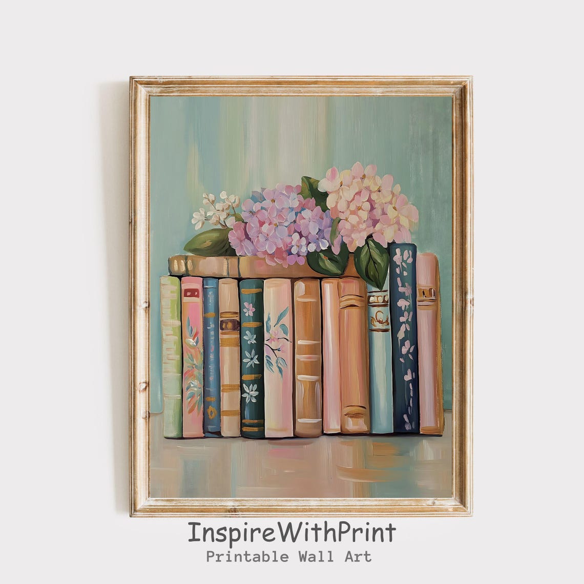 Vintage Book Stack With Pastel Hydrangea Flowers Spring Art Print