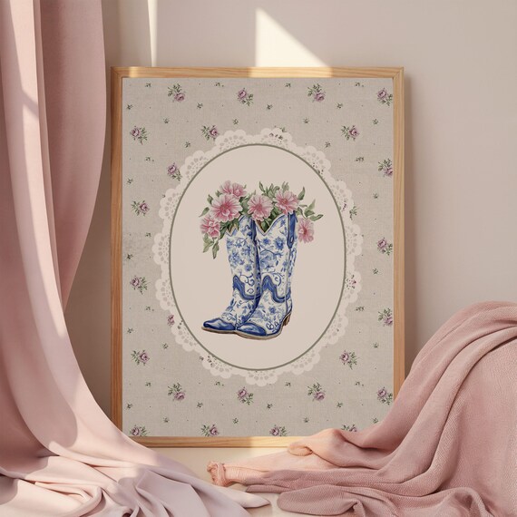 Blue Floral Cowboy Boots Pink Flowers Lace Oval Coquette Print