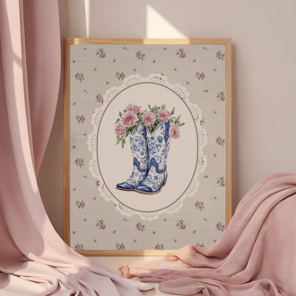 Blue Floral Cowboy Boots Pink Flowers Lace Oval Coquette Print