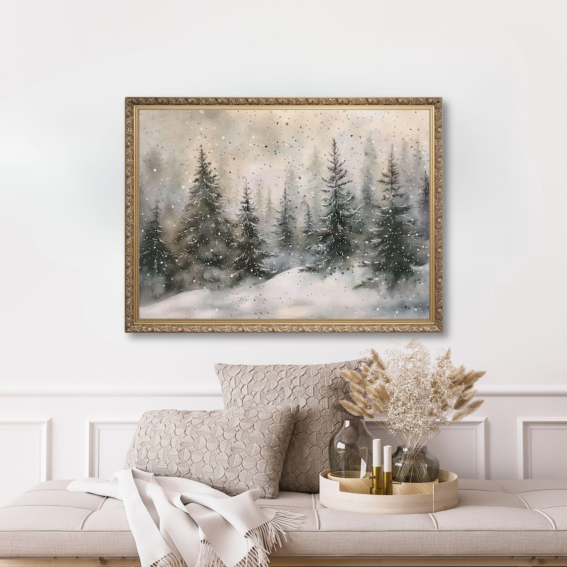 Snowy Winter Forest Painting in Ornate Vintage Gold Frame Poster