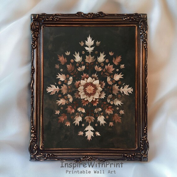 Vintage Beige Maple Leaves Mandala Dark Moody Autumn Botanical Wall Art
