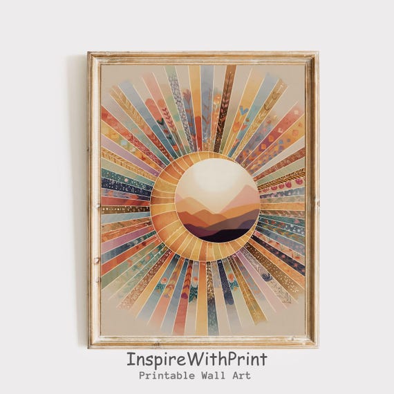 Boho Sun And Moon Print Midcentury Modern Colorful Wall Art Bohemian Mcm Decor