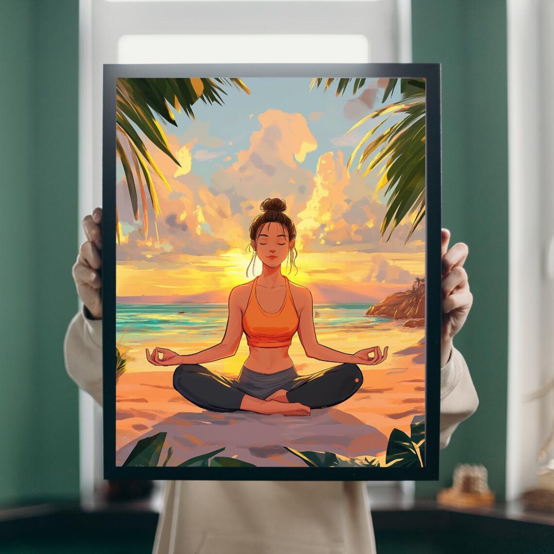 Woman Meditating On Beach At Sunrise Anime Style Yoga Art Poster - Image 5