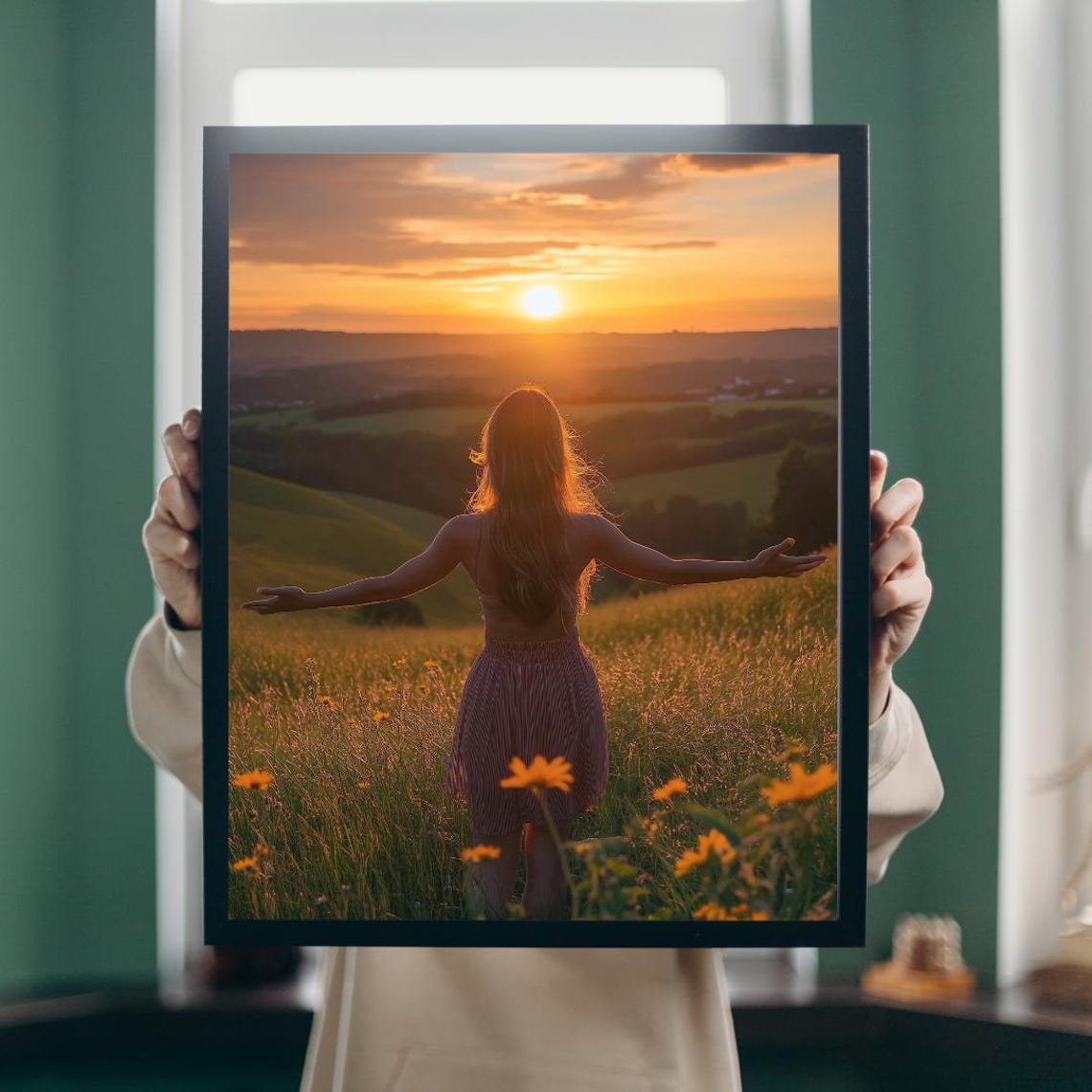 Woman in Wildflower Field Arms Open Toward Sunset Sky Poster - Image 5