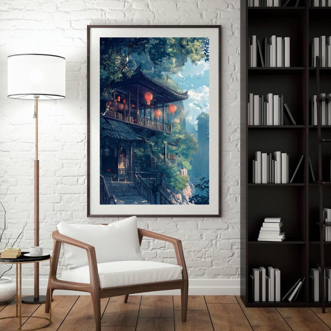 Anime Japanese Teahouse with Red Lanterns on Cliff Forest Poster - Image 4
