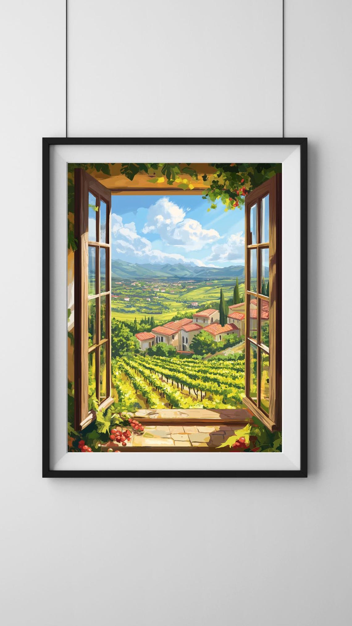 Open Window Overlooking Tuscan Village Vineyards And Mountains Poster