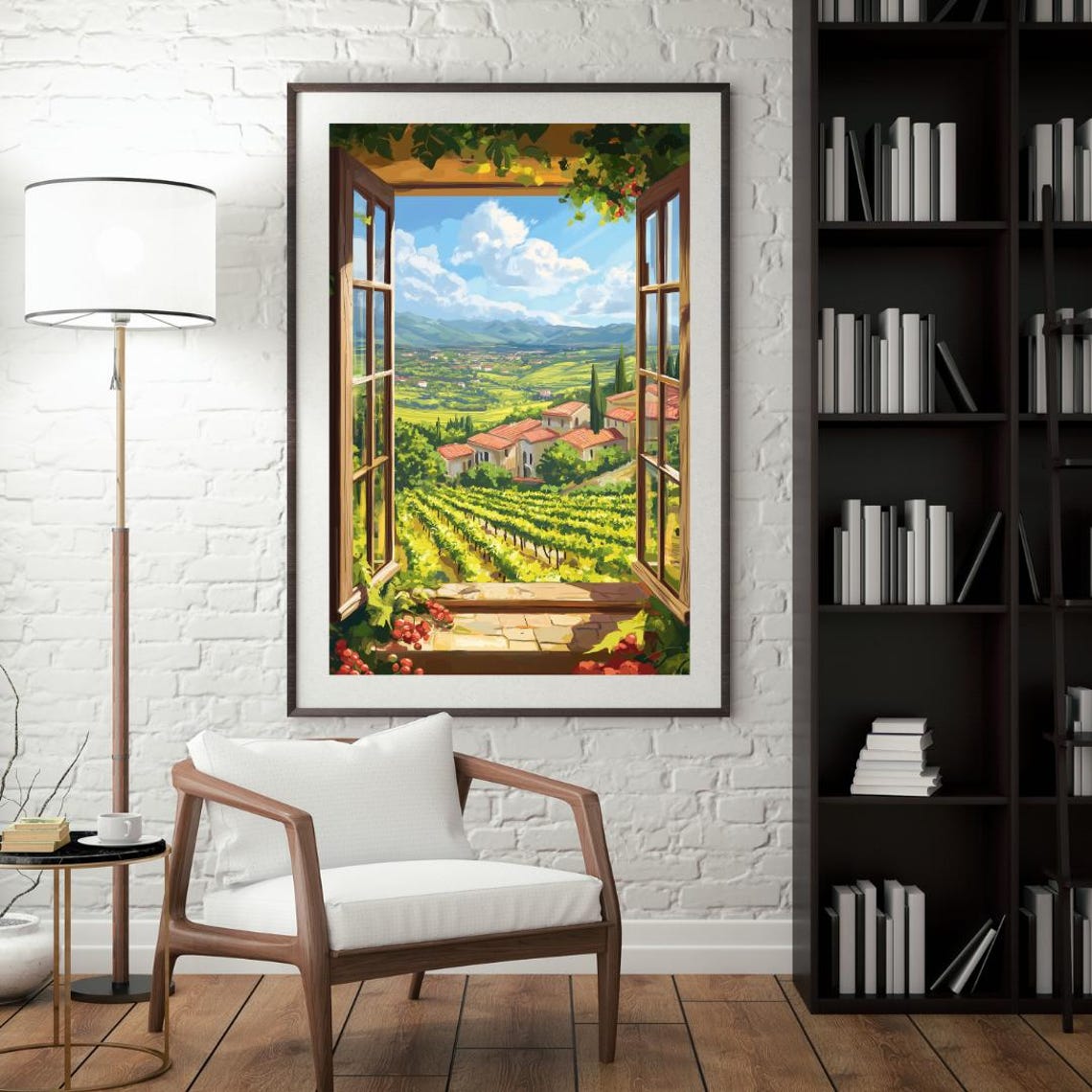 Open Window Overlooking Tuscan Village Vineyards And Mountains Poster - Image 4