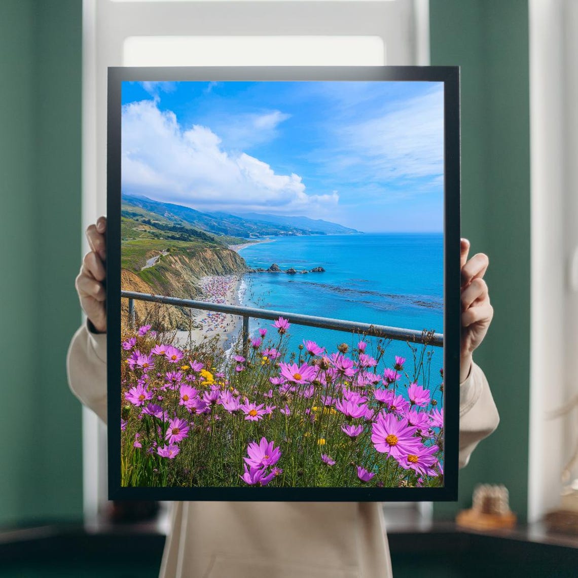 Pink Wildflowers On Cliff Top Overlooking Beach And Blue Sea Poster - Image 5
