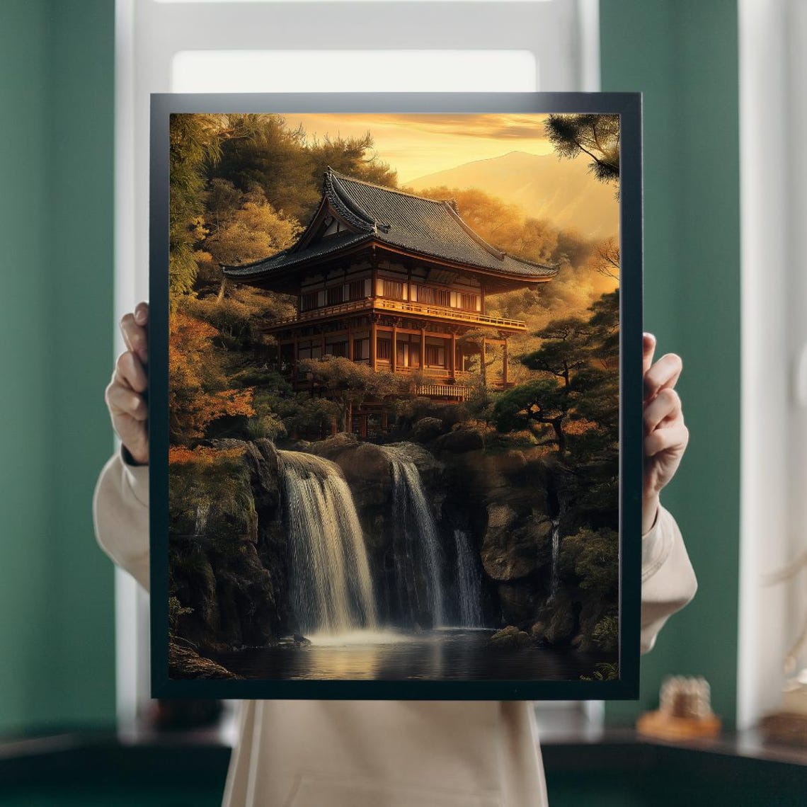 Golden Sunset Waterfall Temple In Japanese Forest Mountains Poster - Image 5
