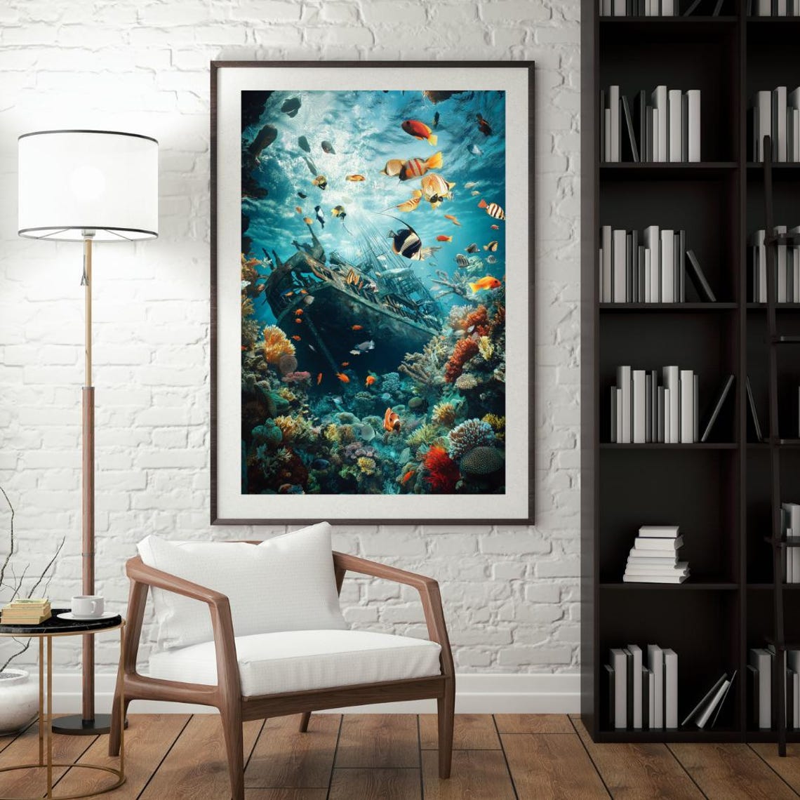 Sunken Ship Hull On Coral Reef With Tropical Fish Sunlight Poster - Image 4
