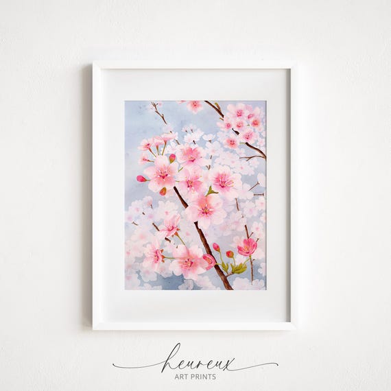 Cherry Blossom Print Sakura Flower Watercolor Painting Pink Blue Print Botanical Print Floral Home Decor Spring Art Wall Art