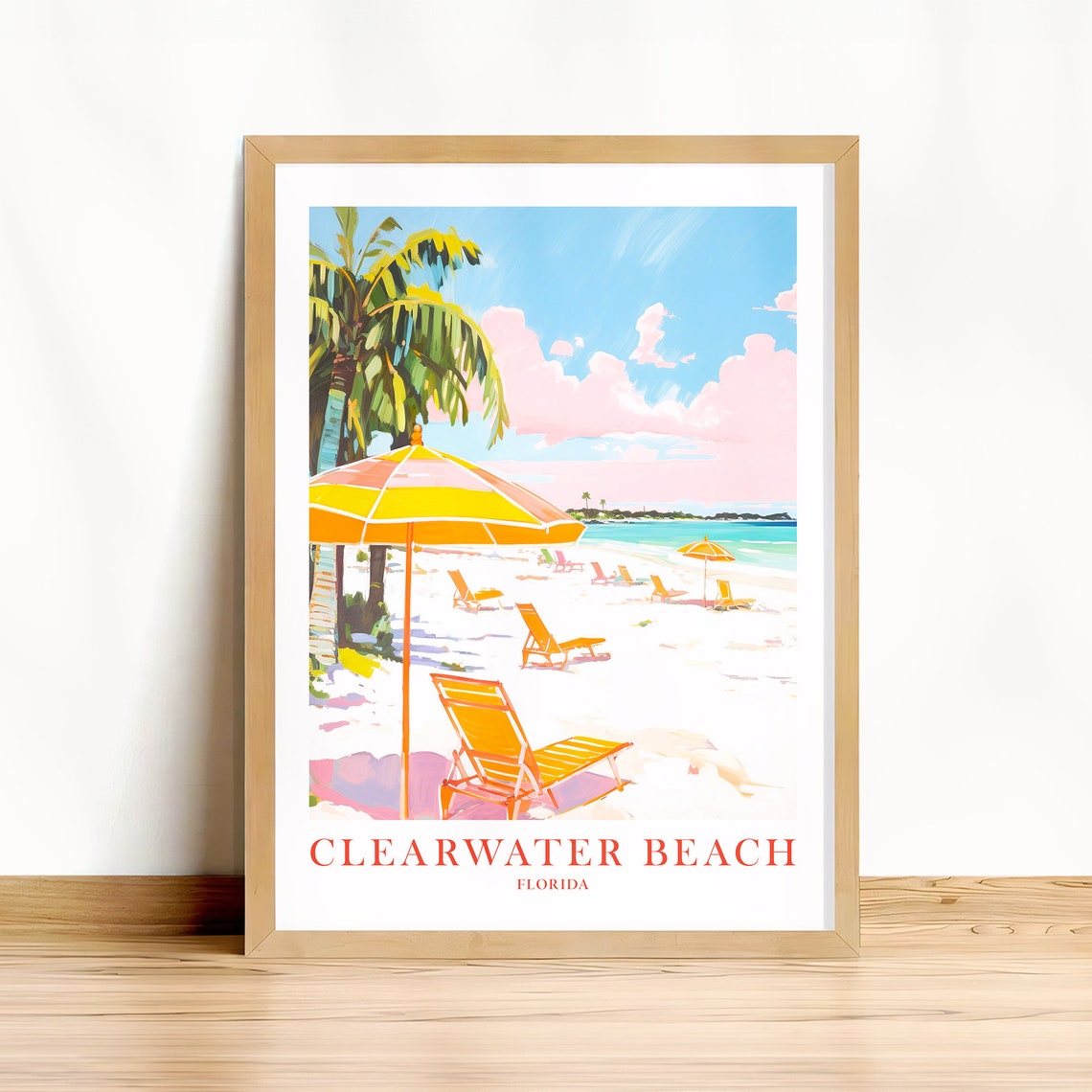 Clearwater Beach Florida Retro Poster Pink Sky Orange Umbrellas Sand