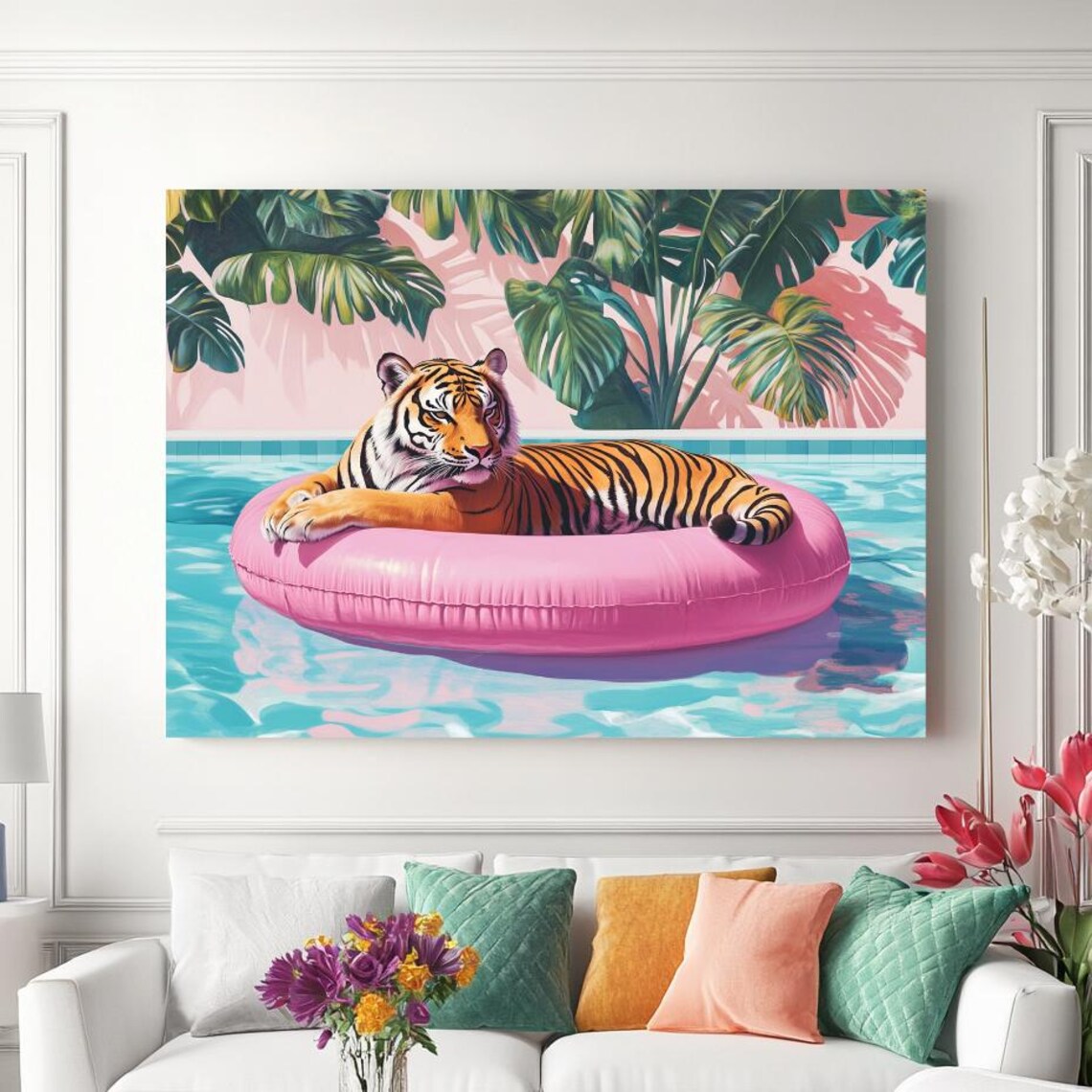 Tiger With Pink Floaty, Modern Art Print