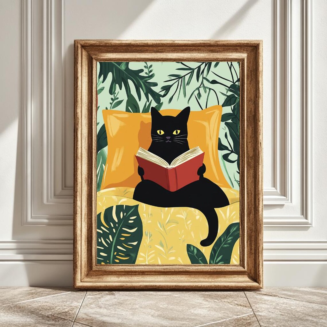 Black Cat Reading, Cute Cozy Bedroom Scene