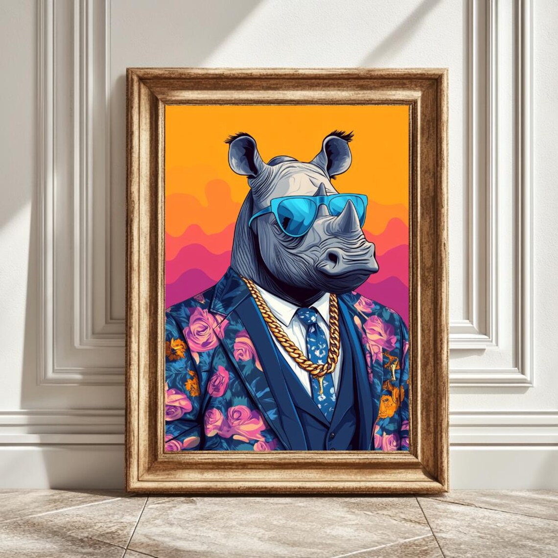 Funky Rhino Art Print, Quirky Suit Decor