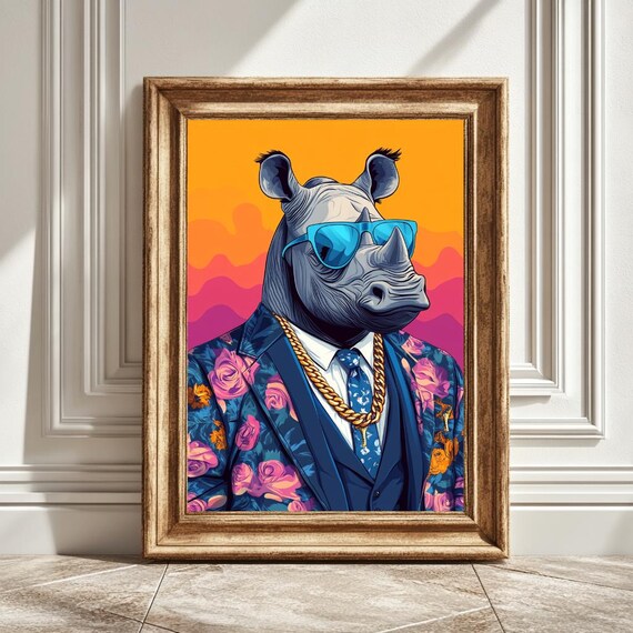 Funky Rhino Art Print, Quirky Suit Decor