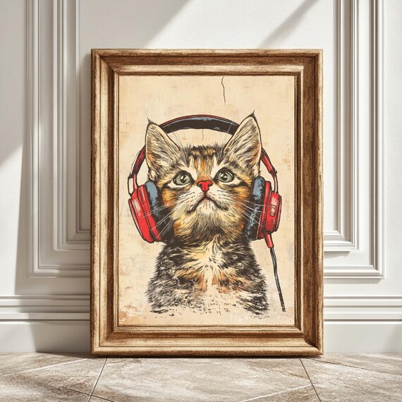 Cat With Headphones, Retro Music Lover Decor