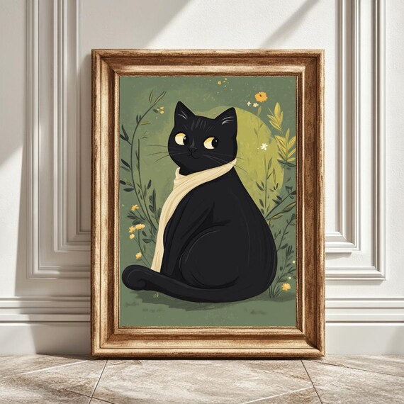 Black Cat Drawing, Modern Cat Art