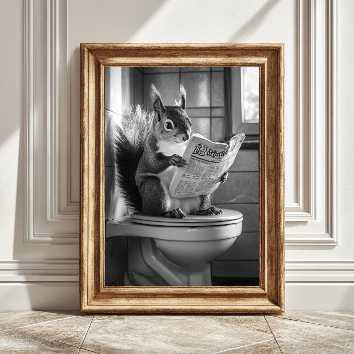 Funny Squirrel Toilet and Newspaper, Bathroom Humor