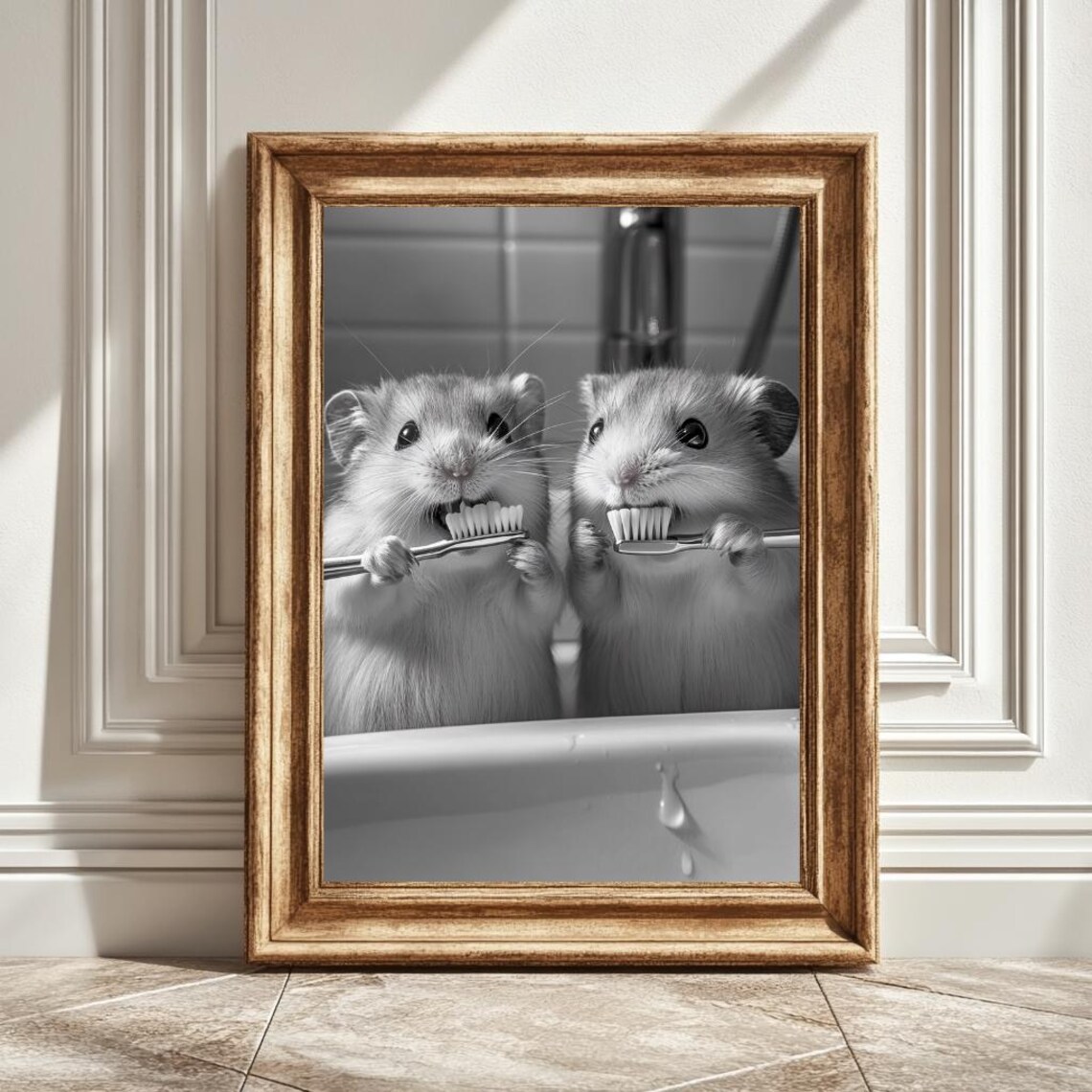 Two Hamsters Brushing Teeth, Nursery Decor
