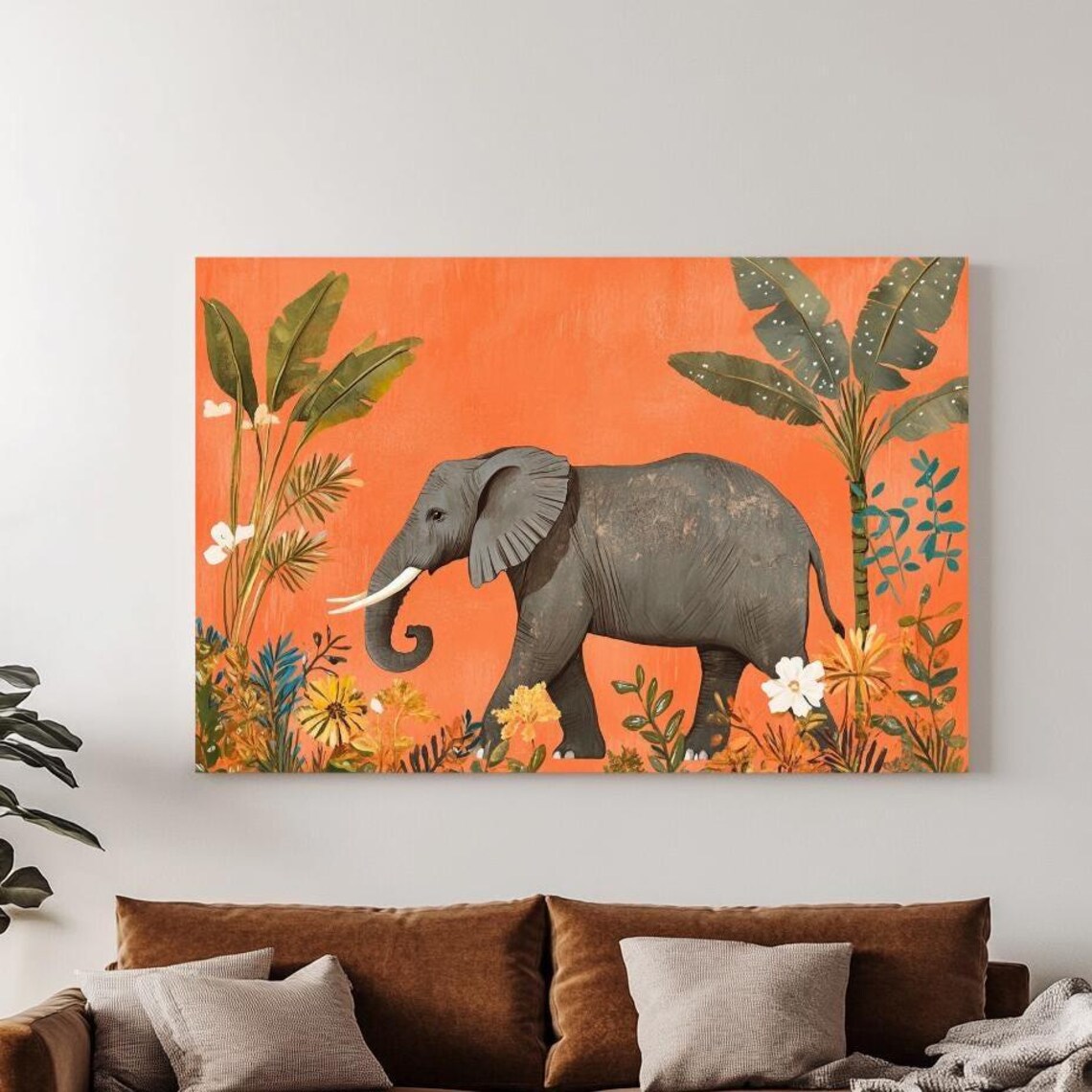 Minimalist Elephant Walking Art Print, Modern
