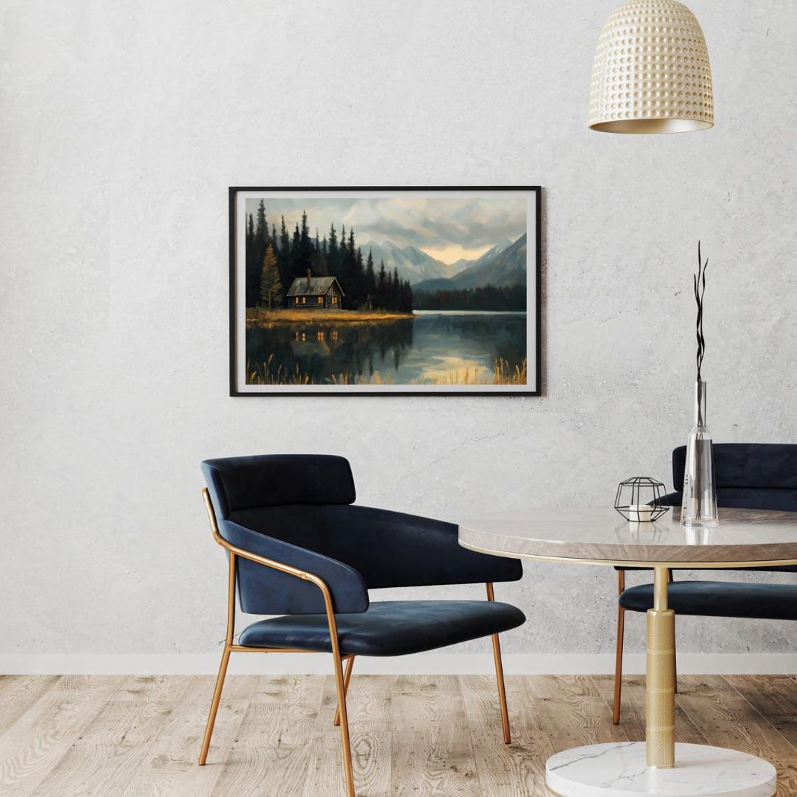Cozy Lakeside Cabin Wall Art Serene Mountain Landscape Painting Rustic Nature Scene - Image 2