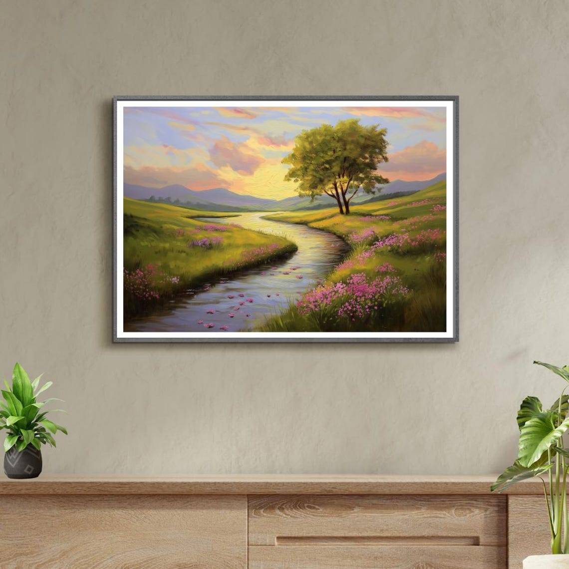 Golden Meadow Stream Pink Wildflowers Sunset Tree Serene Travel Poster - Image 3