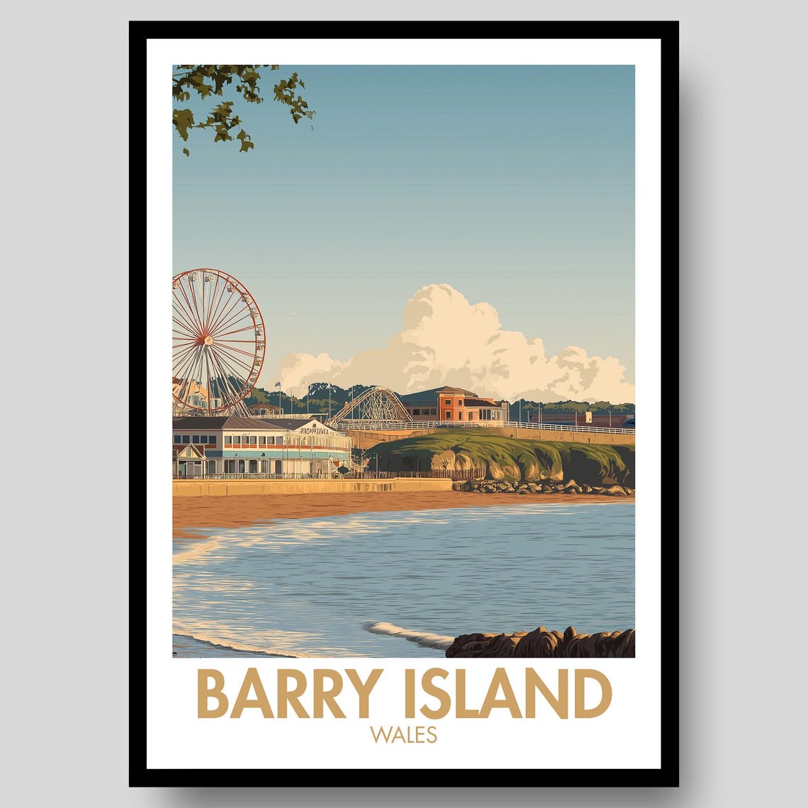 Barry Island Wales Beach Ferris Wheel Fairground Vintage Travel Poster
