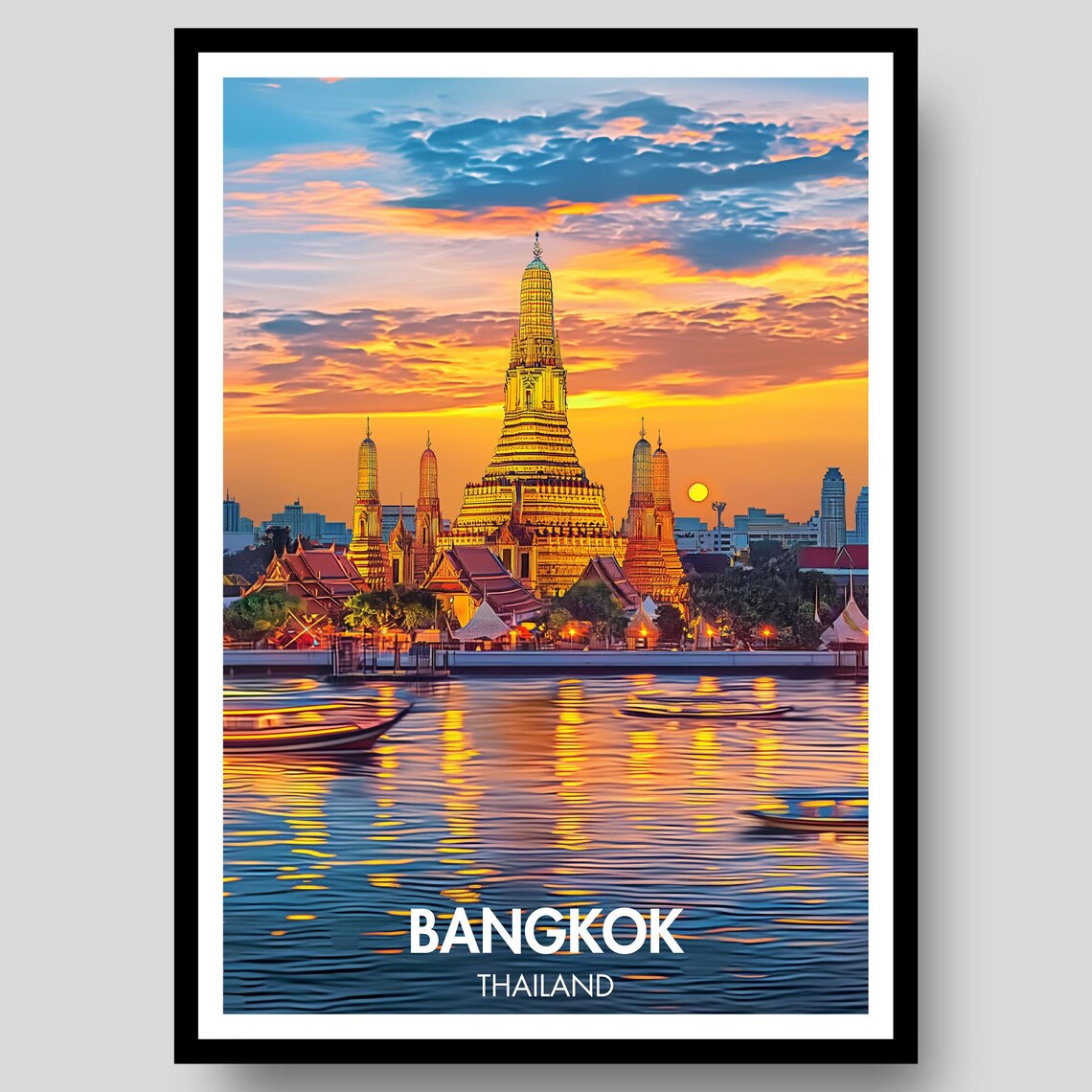 Bangkok Thailand Golden Wat Arun Temple Sunset Travel Poster