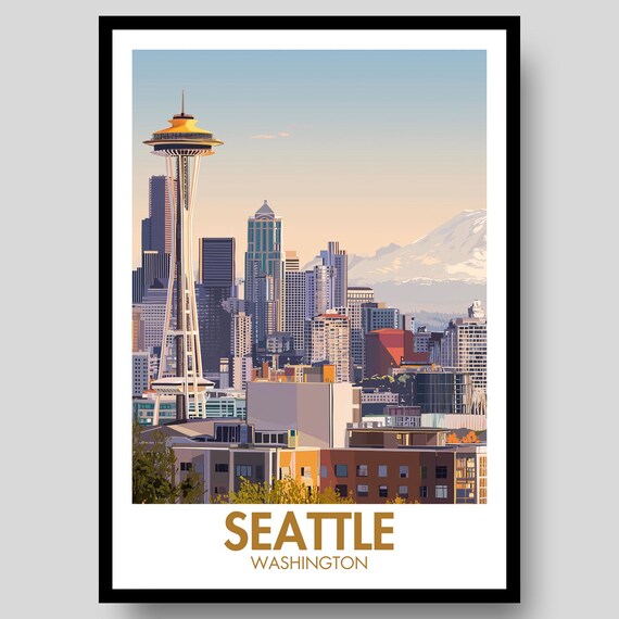Seattle Washington Space Needle Skyline Mount Rainier Travel Poster