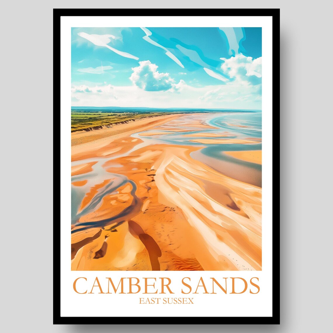 Camber Sands East Sussex Golden Beach Aerial Dunes Travel Poster
