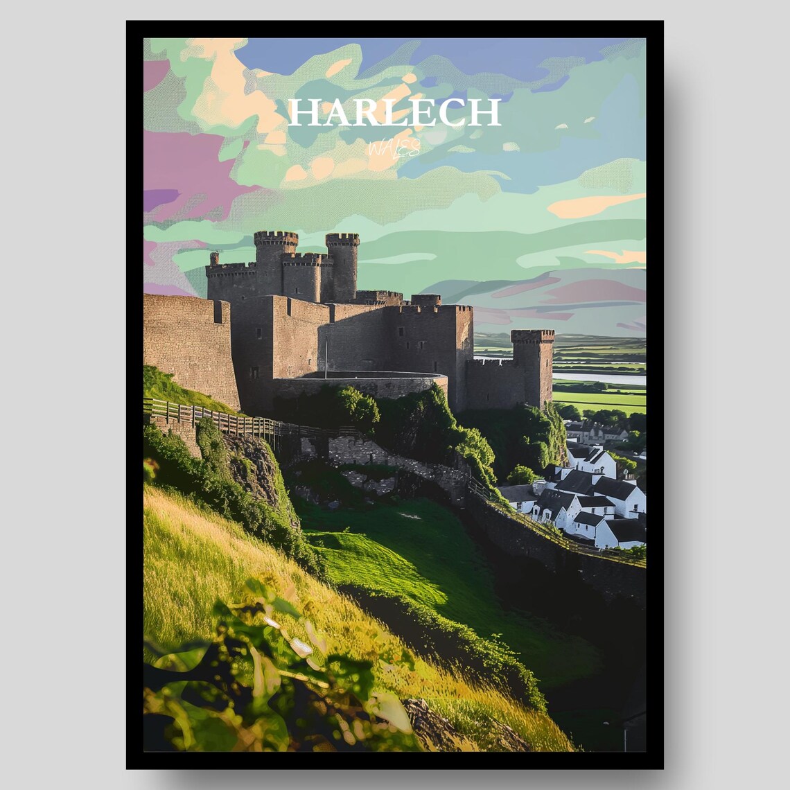 Harlech Wales Hilltop Castle Green Valley Historic Travel Poster