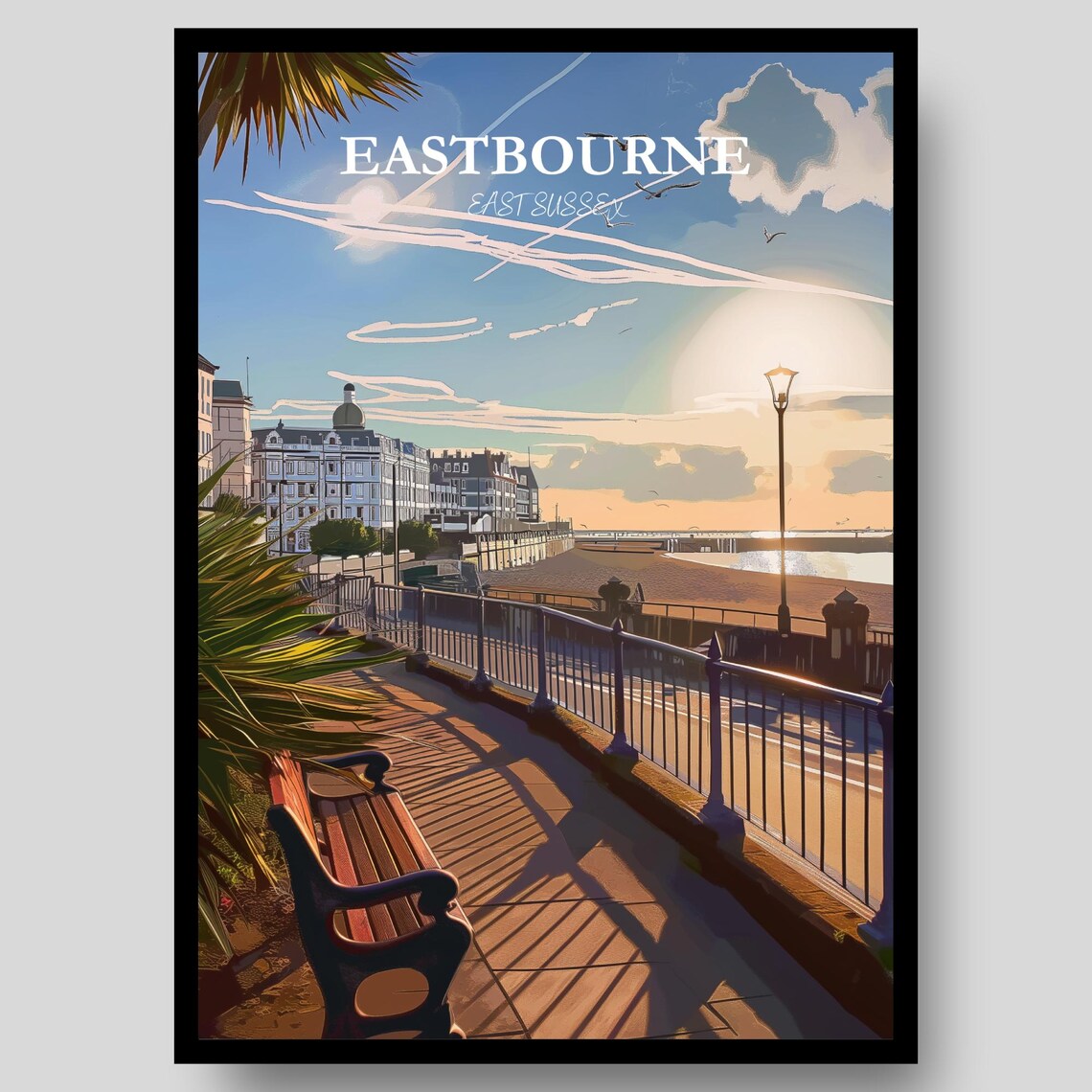 Eastbourne East Sussex Promenade Sunset Bench Beachfront Poster