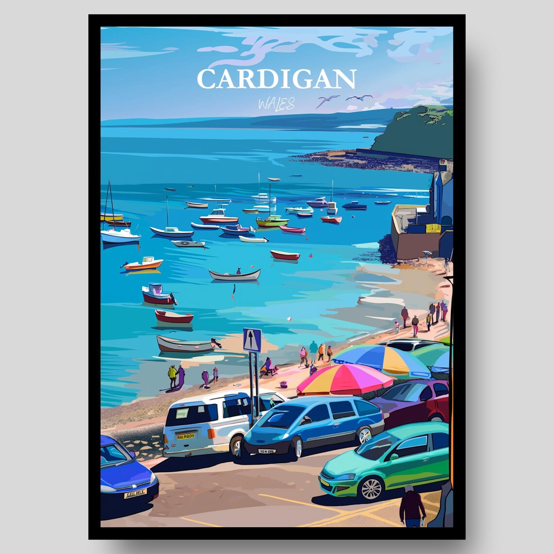 Cardigan Wales Bustling Beach Boats Summer Seaside Travel Poster