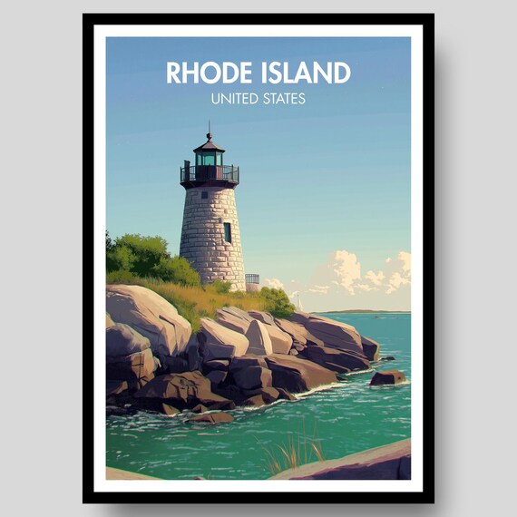 Rhode Island Lighthouse Seaside Cliffs Retro Travel Poster Art